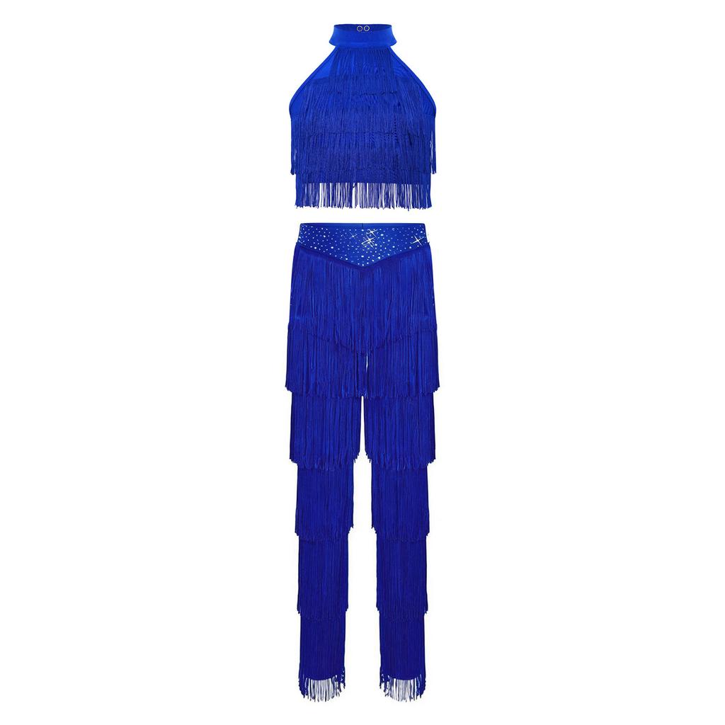 Children‘s Latin Dance Outfit Sleeveless Back Straps Crop Top Layered Tassels and Matching Elastic Waist Fringe Pants for Salsa Competition