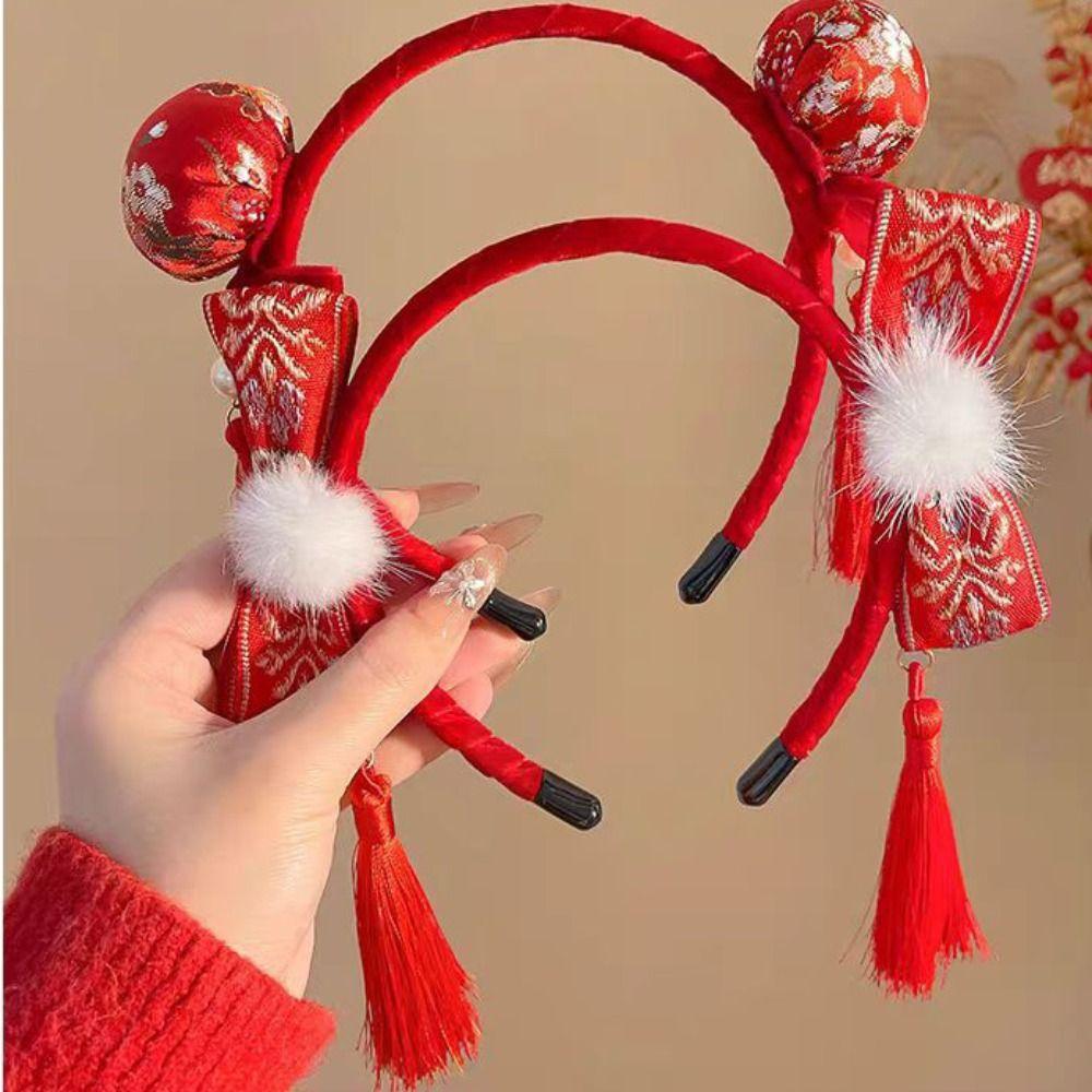 Tassel Chinese New Year Headwear Plush Ball Red Hairband Sweet Hanfu Hair Bun Hair Hoop Children