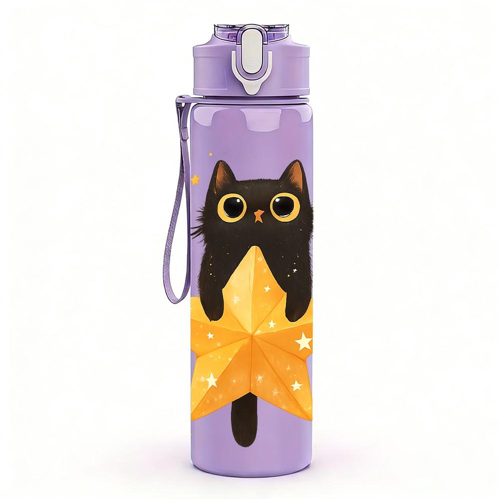 1PC Starry Black Cat Cartoon 750ml Color Plastic Sports Water Bottle Leakproof Flip Straw Lid Suitable for Sports Office Home Use