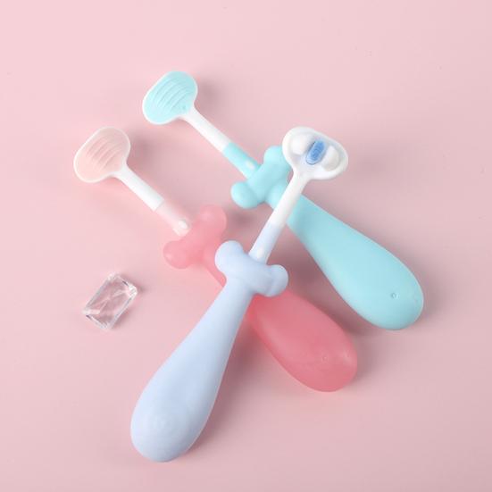 Children Toothbrush with Three-Head Design Cartoon Shape Bright Color Soft Bristles Kids Toothbrush Oral