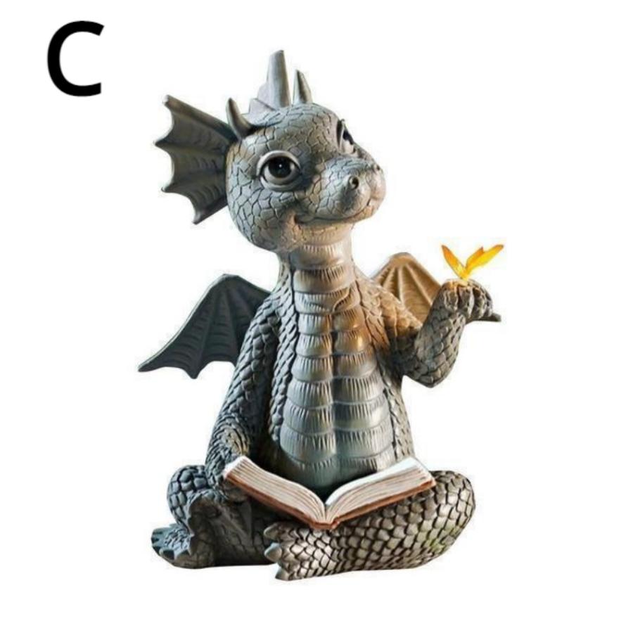Cute Little Dragon Dinosaur Meditation Reading Book Sculpture Figure Garden Home Decoration Resin Ornament Outdoor Decor