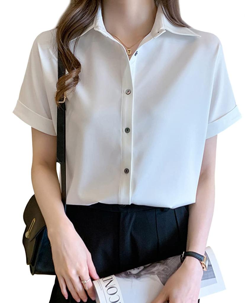 Short Sleeve Loose Large Size [OKJCON] Women's Shirt, Blouse, Chiffon, V-Neck, Office, Summer, Fit, Plain, Stylish, (XL, White)