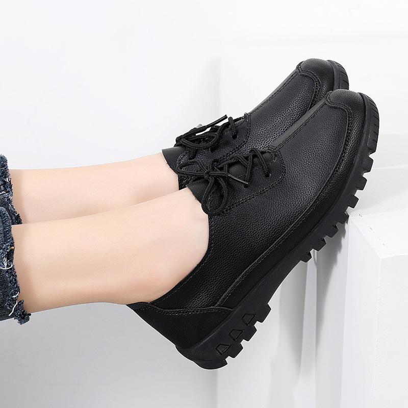 Весна Новые Туфли из Натуральной Кожи Одинарные Туфли с Мелким Вырезом Плоские Кожаные Туфли Подошва из Говяжьей Жилы Противоскользящие Рабочие Туфли для Беременных