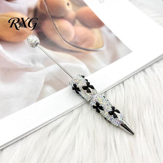 Rhinestone Ballpoint Pen Glitter Beadable Pen, Bow Beaded Handmade DIY Decorative Ink Bling Black Pens for Making, School Office Supplies Sweet Style