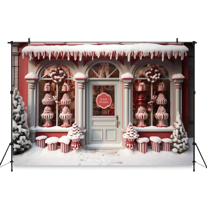 Mocsicka Christmas House Backdrop Photography Xmas Tree Snow Candy Shop Decoration Baby Kid Photo Background Studio Props Banner