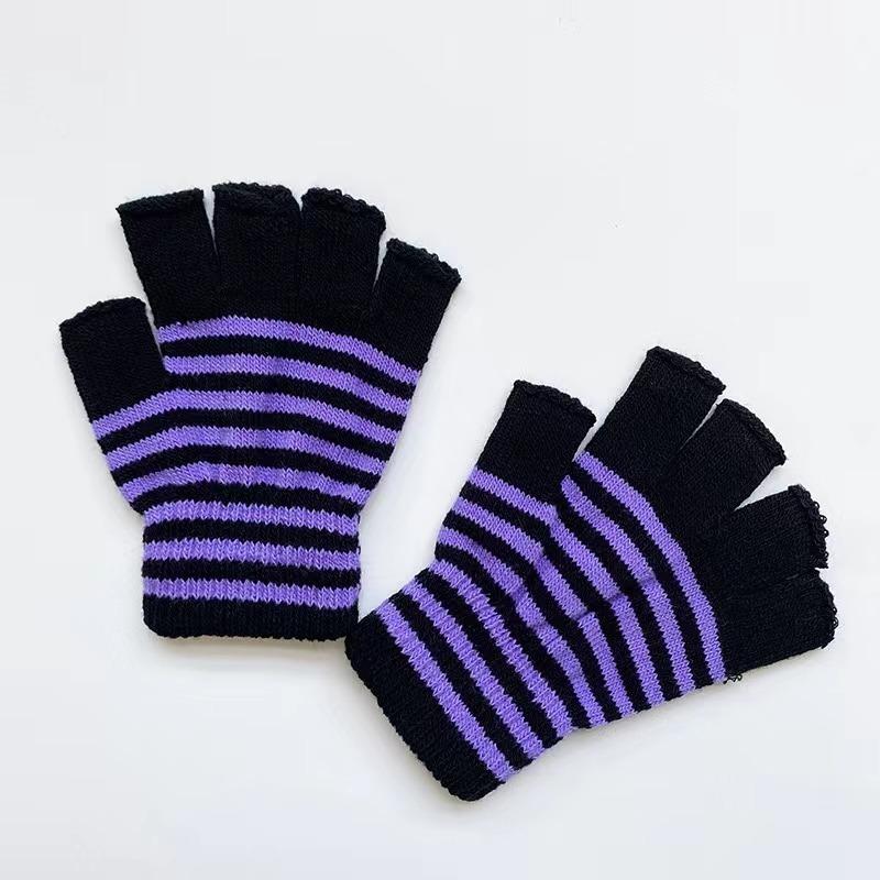 1Pair Unisex Black Stripes Half Finger Fingerless Gloves for Women Wool Knit Wrist Cotton Gloves Winter Warm Men Workout Gloves
