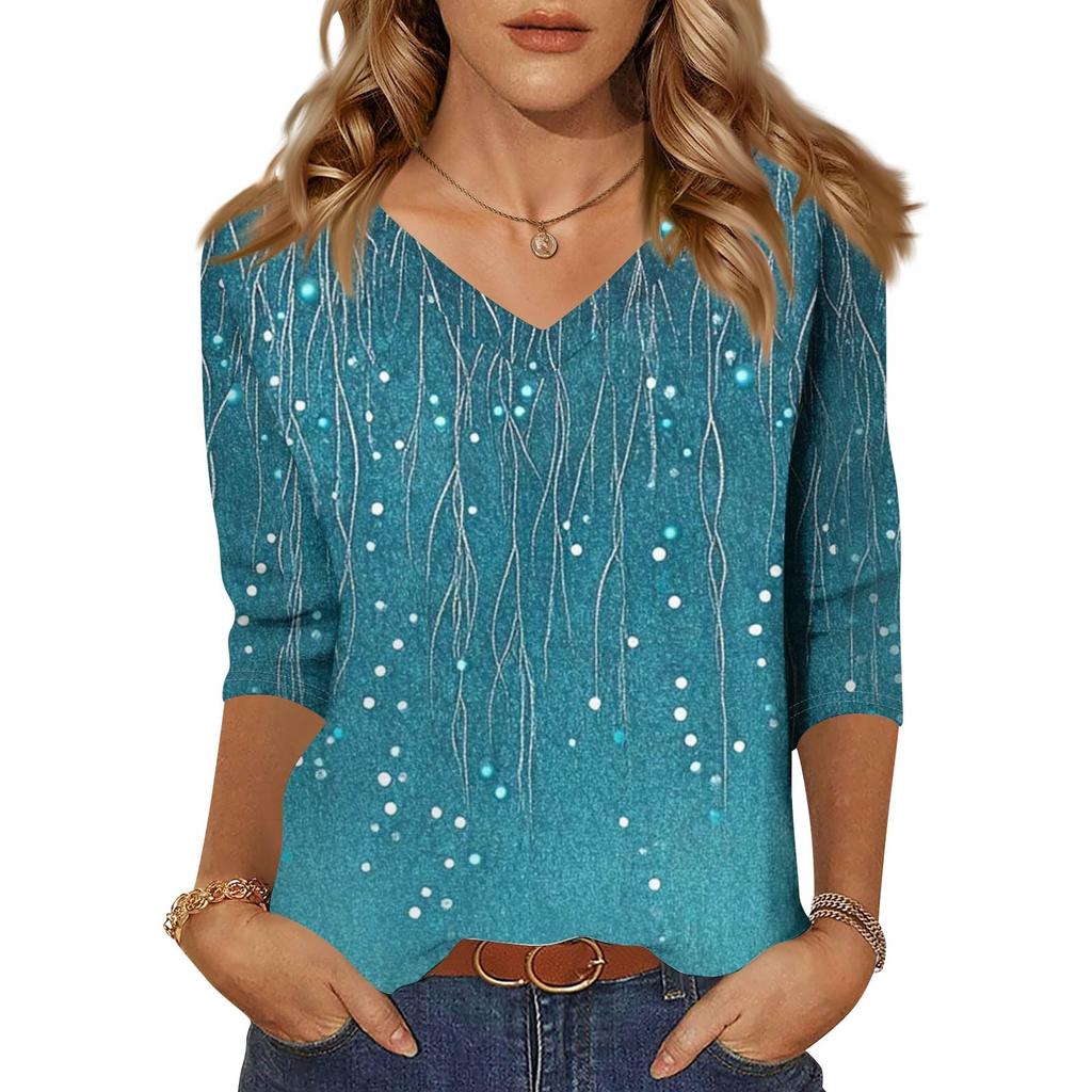Women's Tops Three-quarter Sleeve Shirt V-neck Loose Casual Shirt Floral Print T-shirt