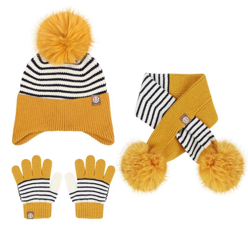 Kids 3-Piece Knit Hat Scarf Gloves Set Striped Fleece Lined Winter Warm Earflap With Pom