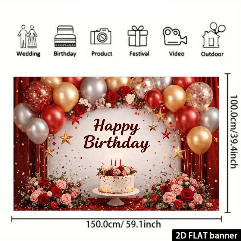 2D, 1 piece birthday party backdrop,featuring a flower cake theme,with a golden starry background and a red-gold balloon
