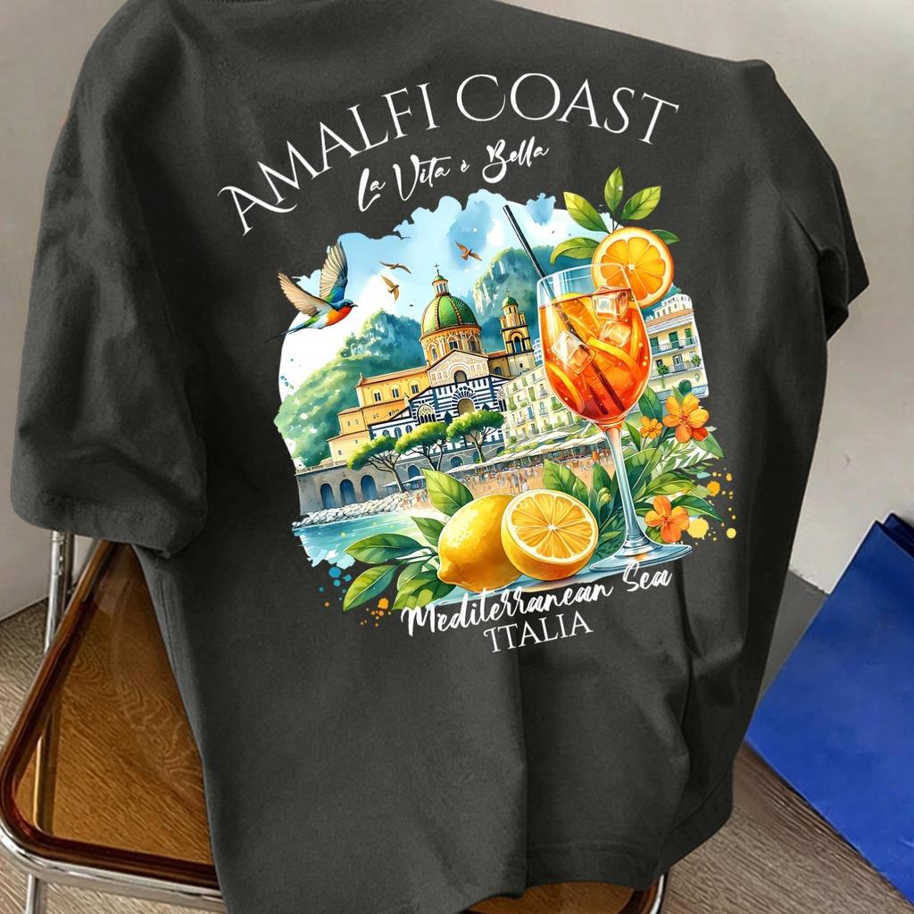 Unisexs New Pure Cotton Crewneck Shortsleeved Tshirt With Amalfi Coast Italian Lemon Print Suitable For Vacationand Casualwear