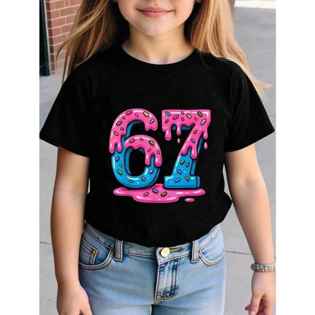 Children's 67 Print T-shirt Girls Short Sleeve Round Neck Tee Casual Wear Comfort Children Clothes 67 Six Seven Girl Clothing