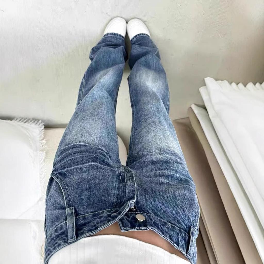 Large Size Micro Flare Washed Cracked Jeans Female Mid-waist Wide Leg Loose Design Sense Trailing Straight Trousers Jeans for Women Long Denim Pants