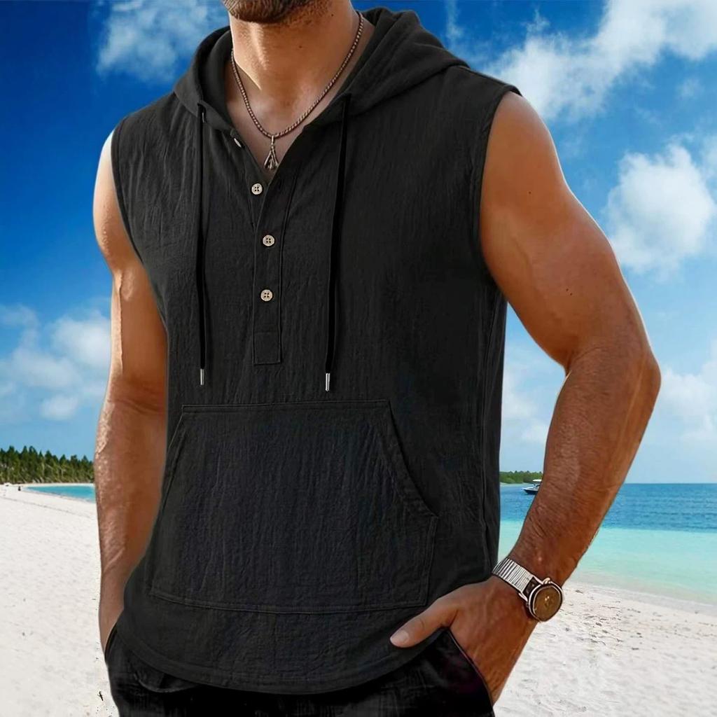 Мужская безрукавка-худи на пуговицах, пуловер, смесовая ткань лен и хлопок, повседневный жилет с карманом-кенгуру и регулируемым капюшоном на шнурке