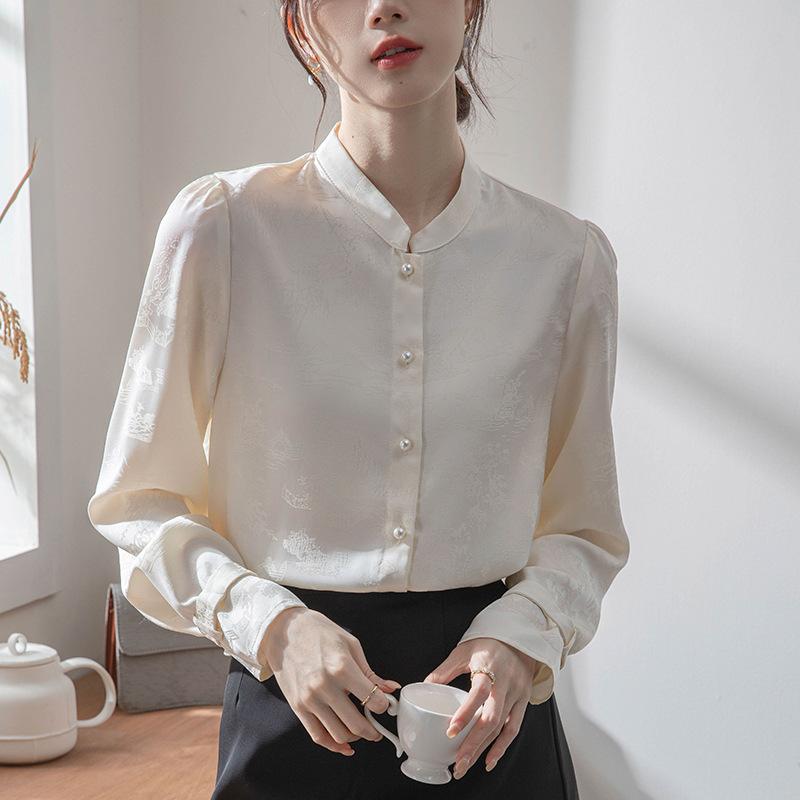 Жаккардовая рубашка с воротником-стойкой для женщин, весенне-осенний нишевый винтажный французский многослойный топ