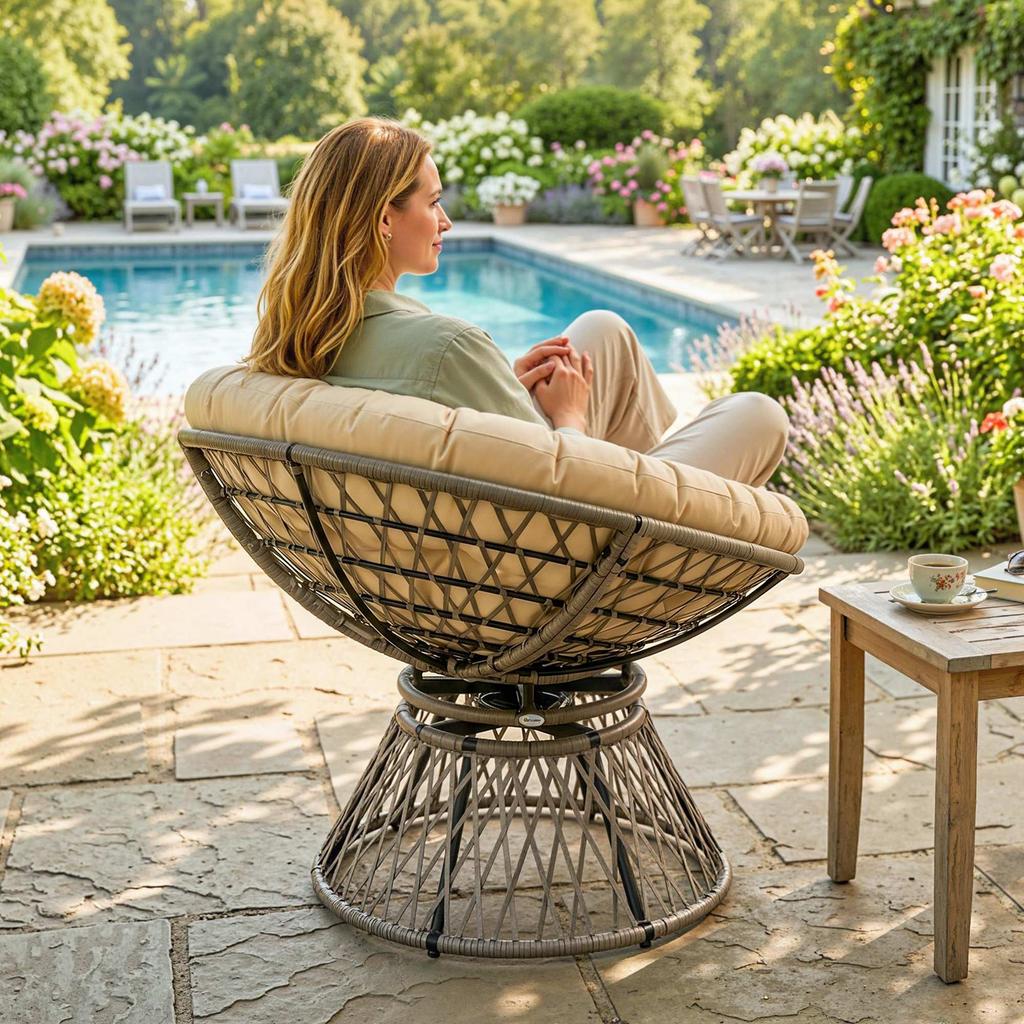 Round Garden Chair Papasan Swivel Chair 97 X 90H Cm Large Cushion Provided Polyester Wicker