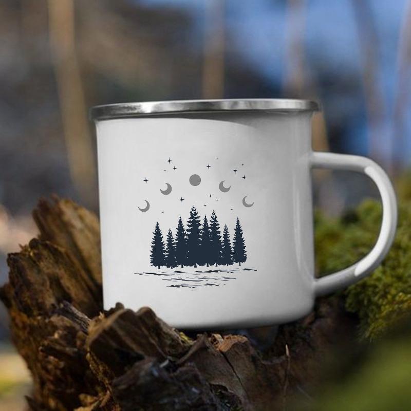 Mountain Camping Adventure Print Enamel Creative Coffee Water Milk Cups Camping Mugs Handle Drinkware Vacation Hiking Mug Gifts