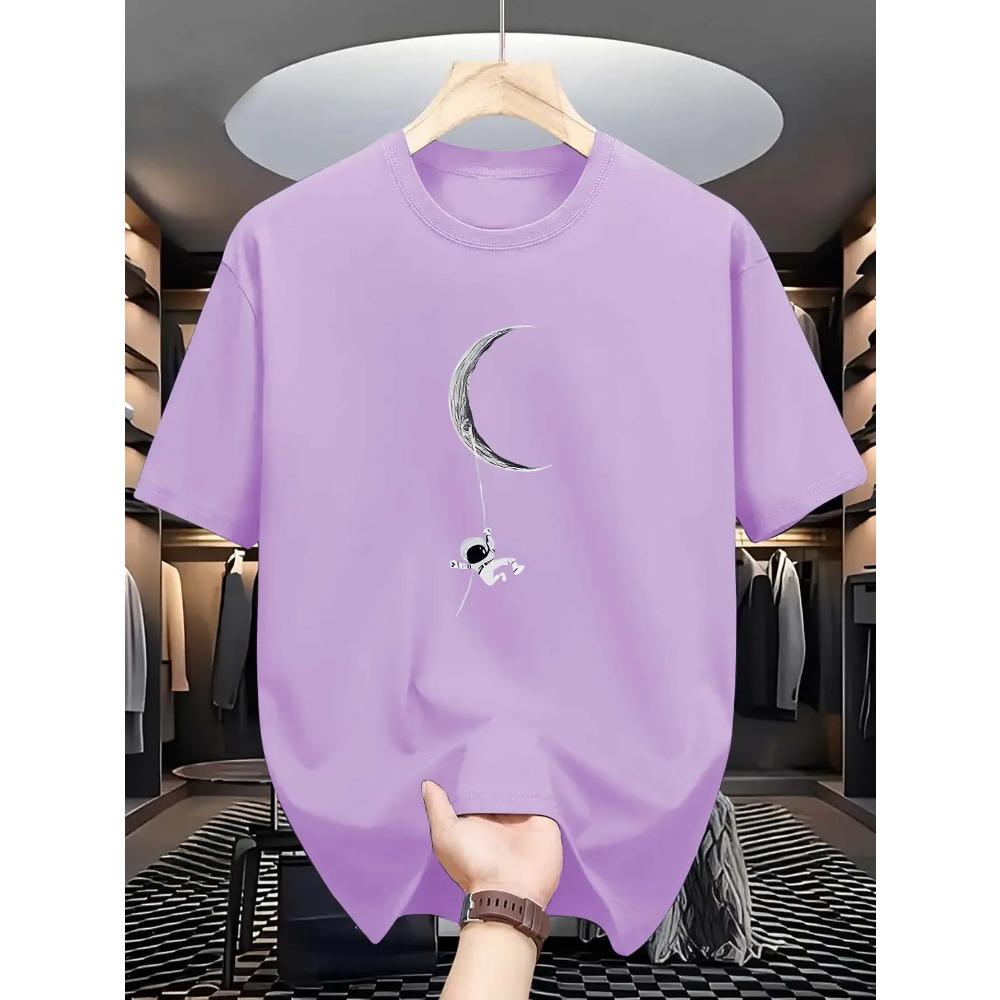 Мужская футболка с принтом «Астронавт и Луна», повседневная футболка с коротким рукавом и круглым вырезом, состав, стандартный крой, легкая эластичность