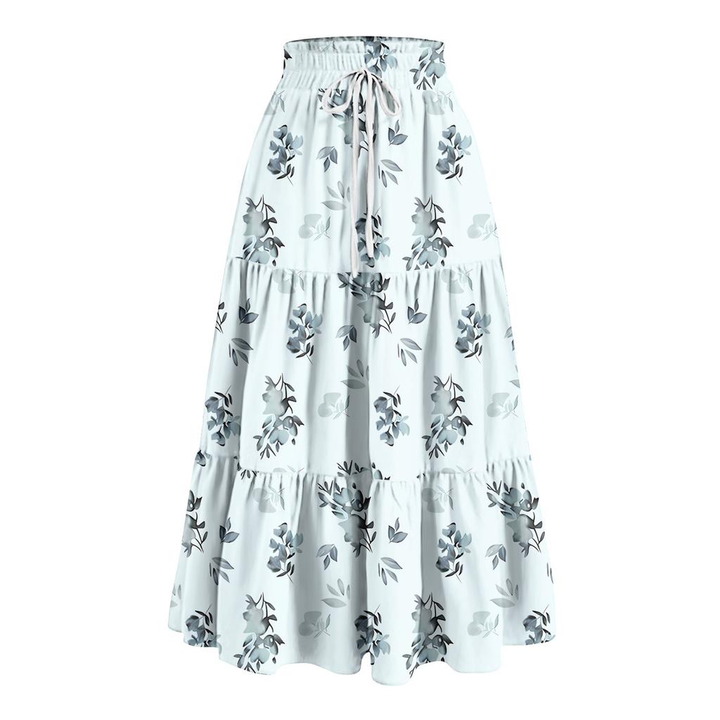 Women's Ruffled Spring Casual Long Skirt Plain Color Skirt Retro Pleated Skirt