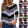 Women's Fashionable Casual Round Neck T-Shirt With Striped Patchwork Print And Three-Quarter Sleeves