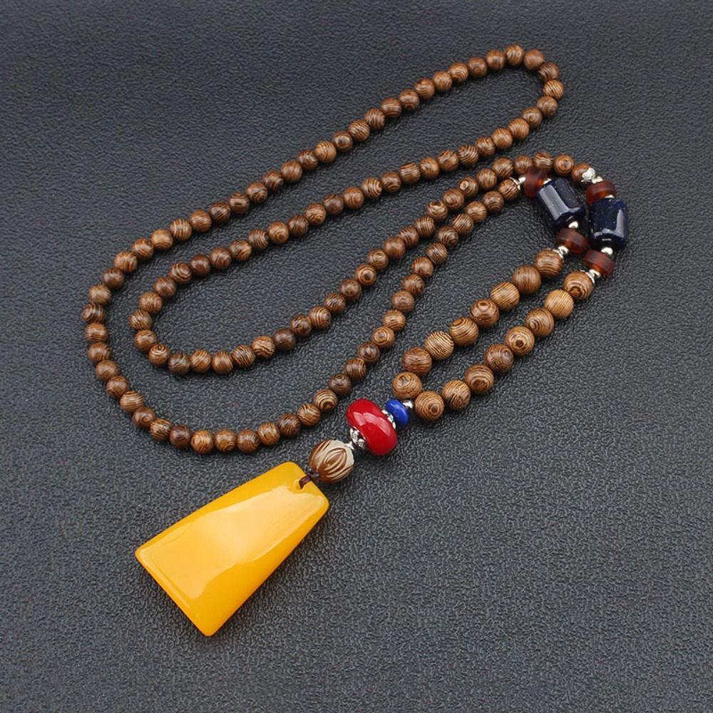 Vintage Lucky Gift Party Ethnic Jewelry Mala Wood Bead Nepal Necklace Horn Fish Pendant Buddhist