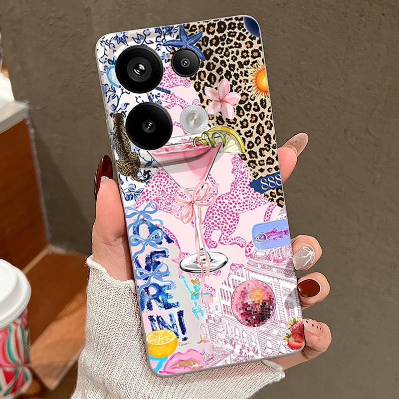 Pink Goblet Bowknots Disco Ball Pattern Case For Xiaomi Redmi Note 14 13 Pro 5G 4G 12 11 Funda Xiaomi 14T 13T 11T Pro Leather Texture Silicone Cover