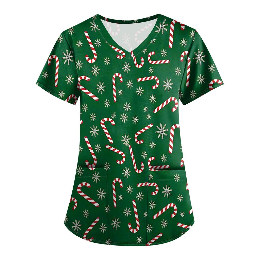 Большой размер Принтованный скраб Рабочая униформа Топы для женских V-образный вырез с запахом Принт Короткий рукав Веселые футболки Рабочая одежда Футболка с карманами