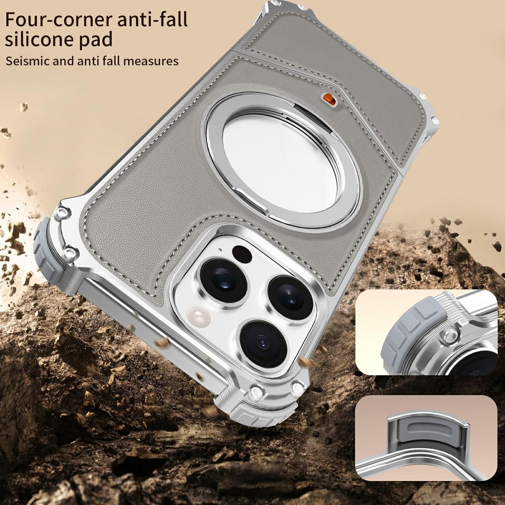 For iPhone 16 Pro Case PU Covered Metal Boardless Phone Back Cover with Kickstand