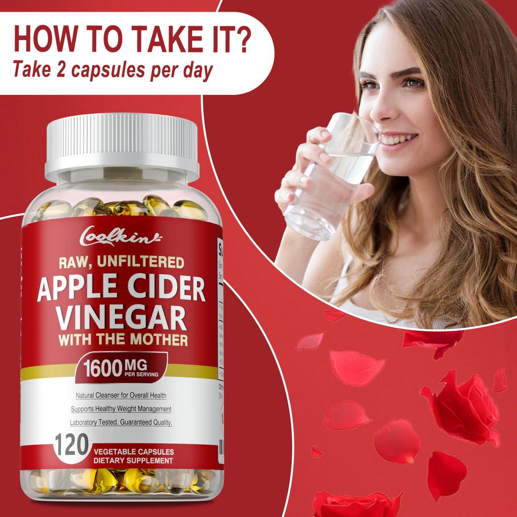 Coolkin Raw Unfiltered Apple Cider Vinegar with The Mother Capsules 1600mg 120 Count