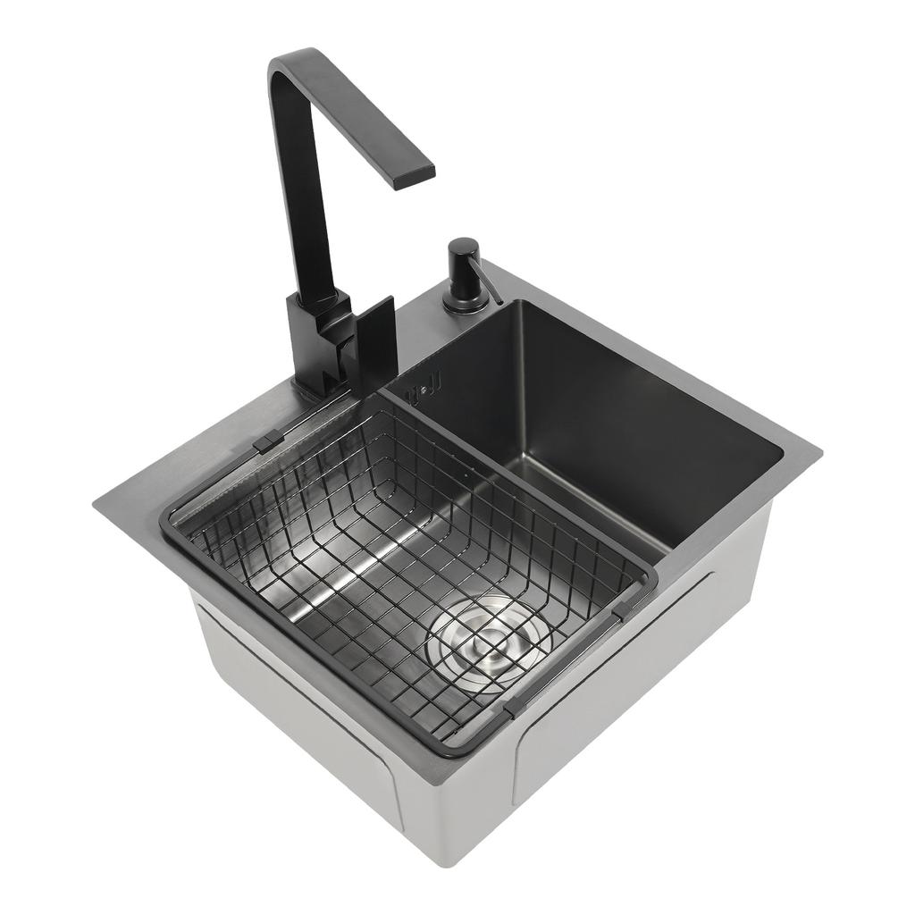 16x12 Inch Stainless Steel Kitchen Sink – 201 Stainless Steel with Nano Coating – Complete Set with Faucet, Soap Dispenser & Drain Basket – Black/Grey