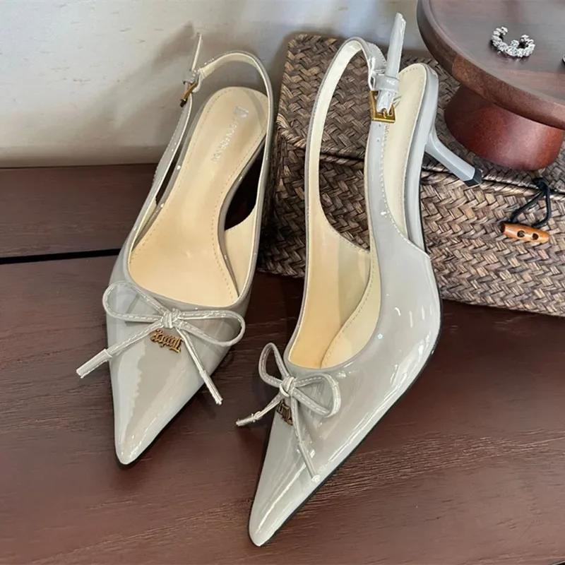 Fashion Fashion Bow Metal Buckle Design High Heels Women Sexy Pointed Toe Patent Leather Slingback Heeled Sandals Elegant Party Shoes