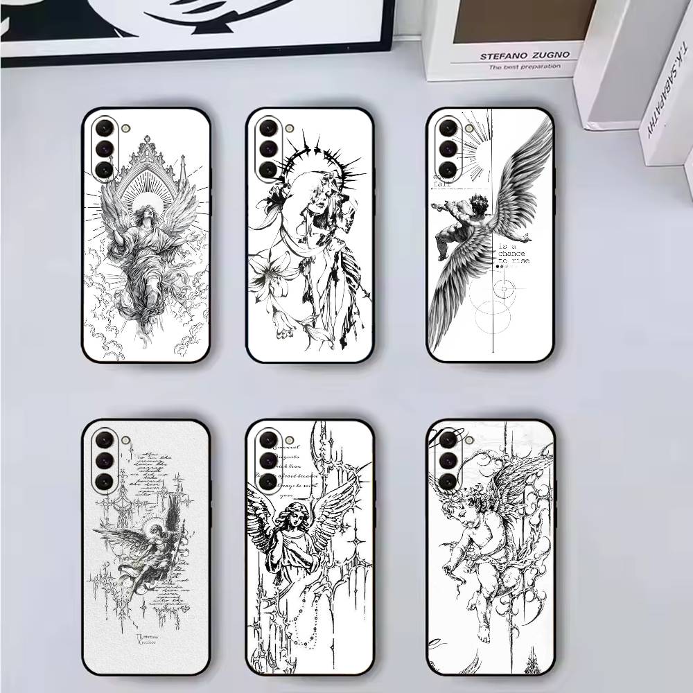 Ретро Чехол для телефона с ангелом Средневековье Для Samsung Galaxy A73,A72,A71,A70,A53,A52,A51,Другие Мягкий Черный Чехол