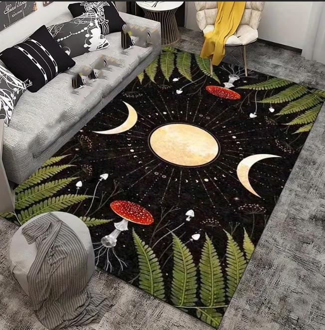 Mushroom Forest Printed Carpet Anti Slip Aesthetic Carpet Living Room Bedroom Dining Room Large Floor Mat Moon and Star Patterns