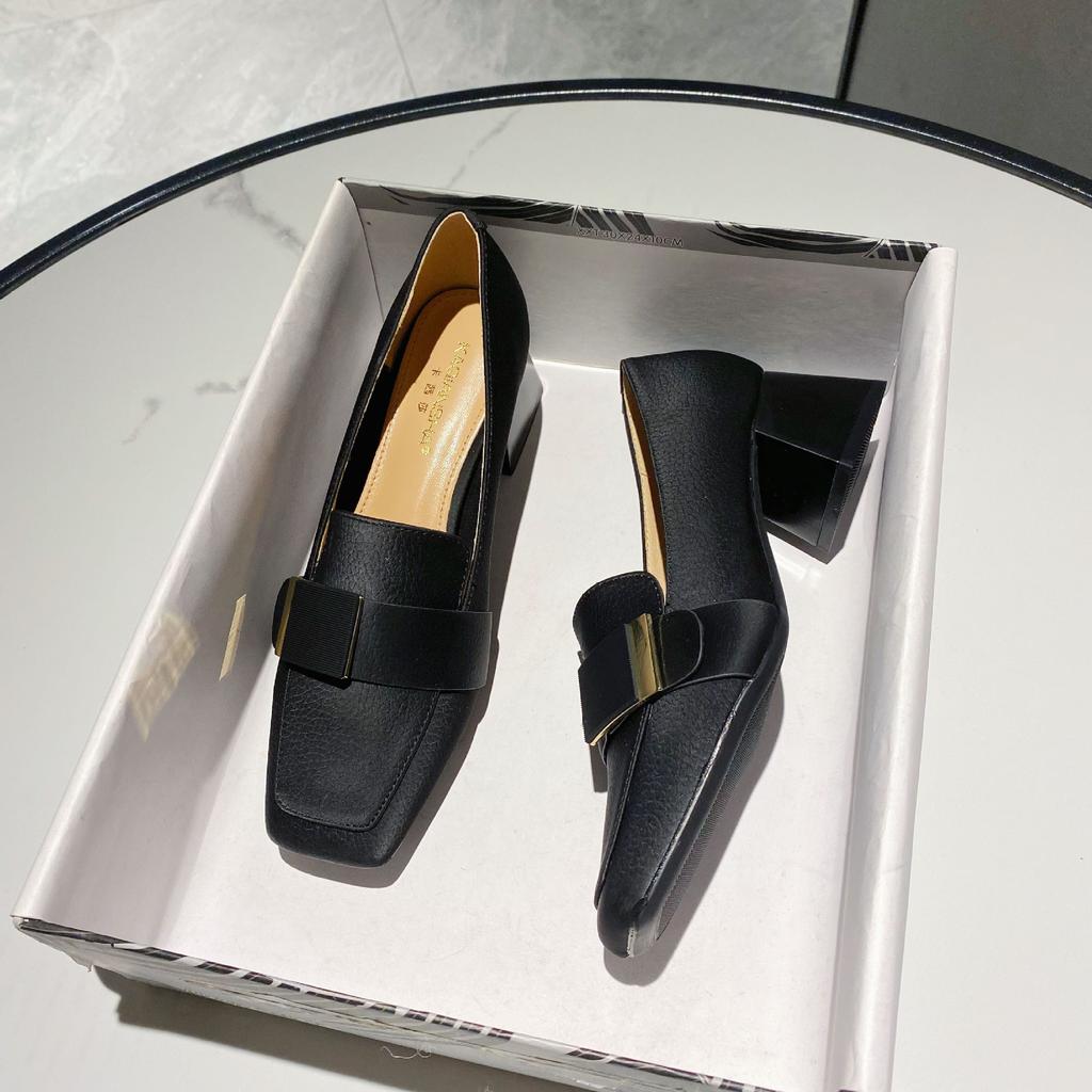 Metal Buckle Square Toe High Heels Women 2024 Spring and Autumn New Low Cut Mid Heeled Female Shoes Leather Fashion Single Shoes