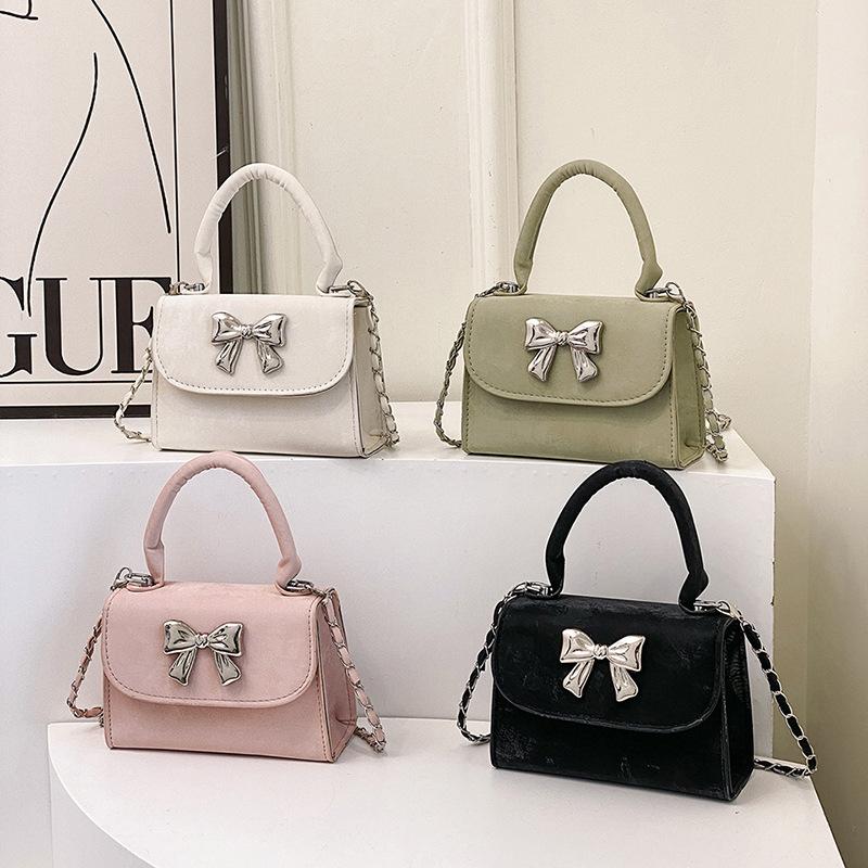 Fashionable Handbag with Bows In Spring New Solid Color One-shoulder Crossbody Bag Fashionable Gentle Small Square Bag Women