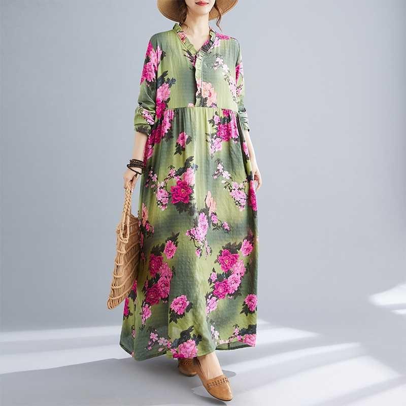 Bohemian Printed Loose Long Sleeve Hem Long Dresses