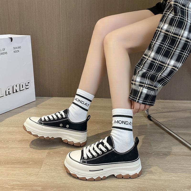 Spring New Canvas Shoes Female Hong Kong Style Fashion Small White Shoes Students Thick Bottom Canvas Shoes Sneakers Casual Ins Single Shoes