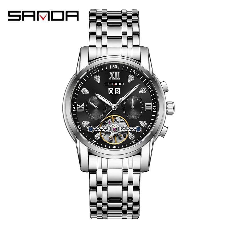 SANDA Новый продукт, мужские автоматические механические часы со стальным ремешком, кварцевые модные полые мужские часы
