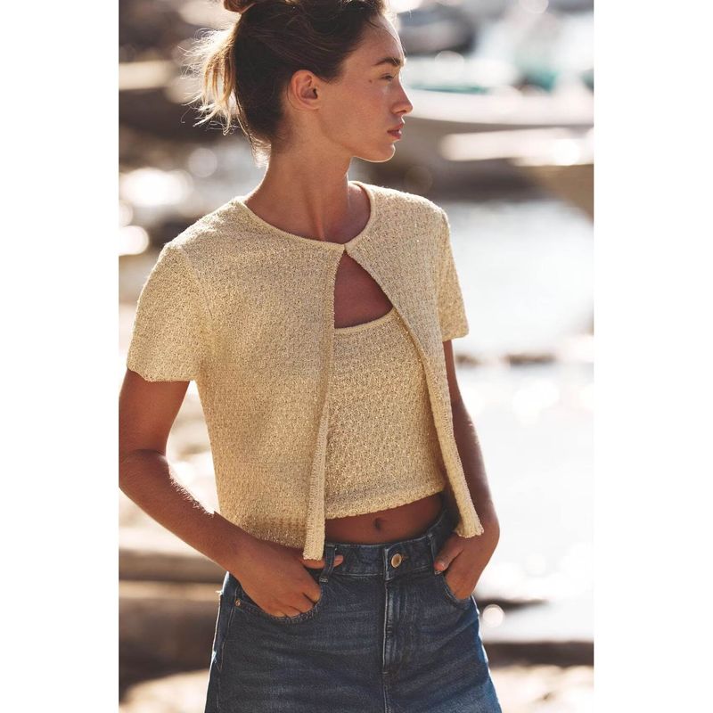 Zbzr Spring New Women Clothes Western Style Fashion Sequin Round Neck Short Sleeve Knitted Outerwear Sling 9598192