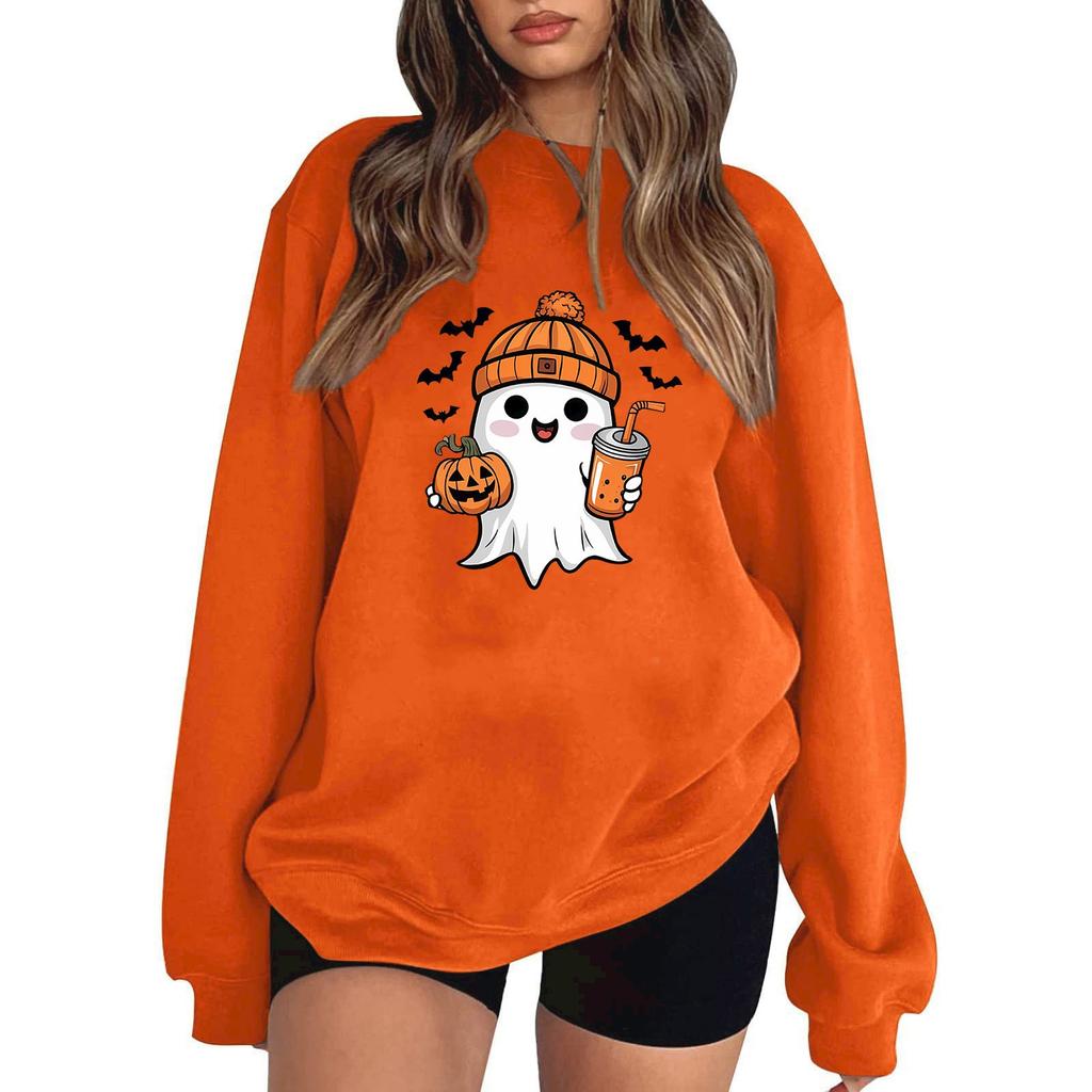 Женский пуловер с принтом Хэллоуина, круглый вырез, заниженная линия плеча, блузка с длинными рукавами