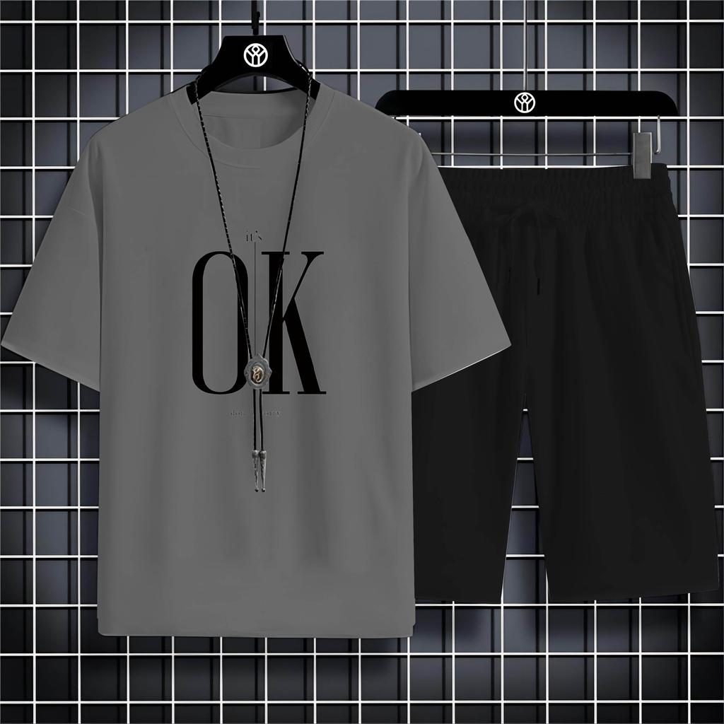 Four Seasons New Outdoor Sports Style 2d Letter Ok Printed Men'S O-Collar Comfortable Breathable Casual T-Shirt Set Quick Drying