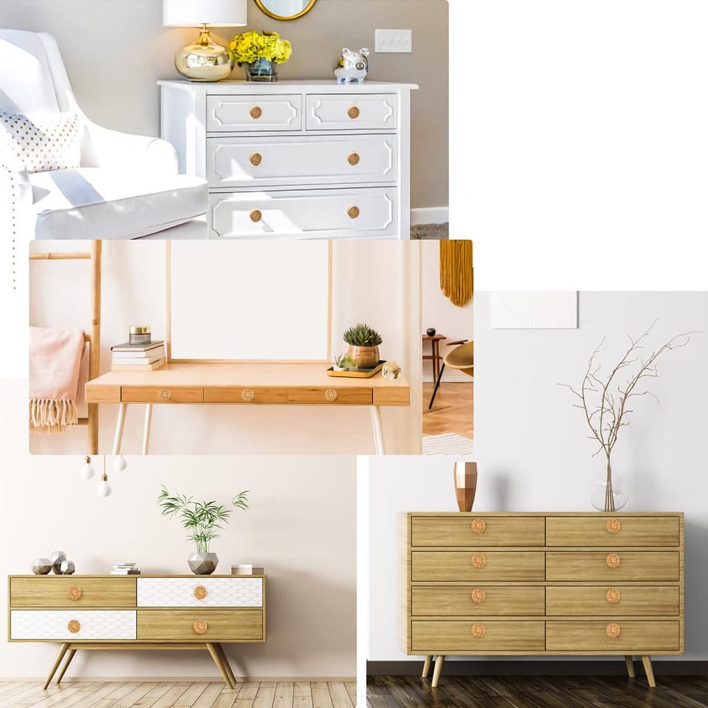 6/18Pcs Rattan Wooden Drawer Knobs Round Handmade Woven Cabinets Dresser Furniture Handles Kitchen Cupboard Wardrobe Door Pulls