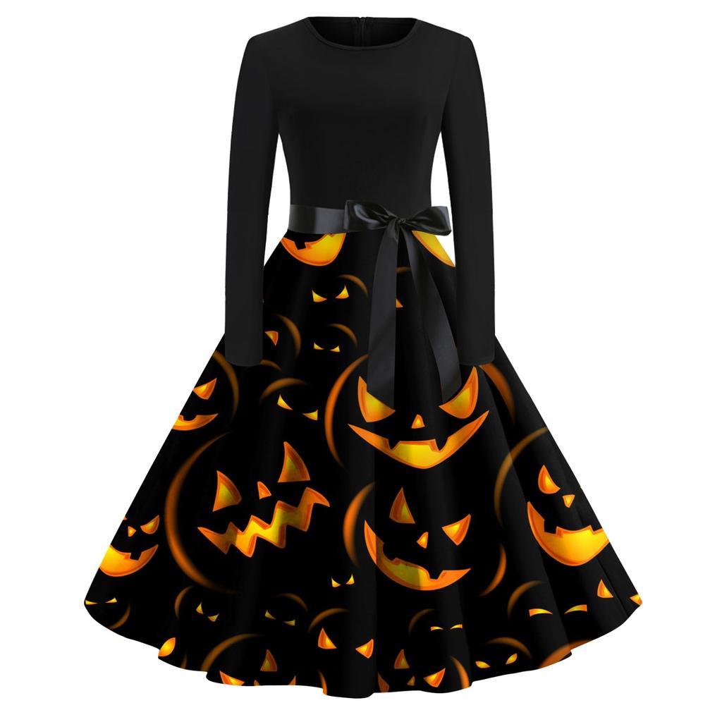 Halloween Print Flare Dress For Women Long Sleeve Dress Hollow Party Casual Dresses