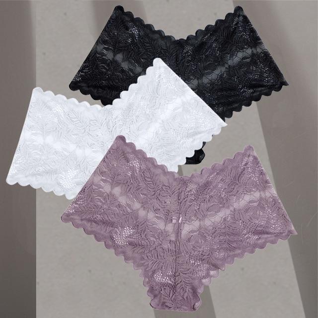 FINETOO 3Pcs Women Sexy Low Waist Lace Boyshort Floral Panties S-XL Girls Hollow Out Underwear Ladies Comfortable Underpants Female Lingerie