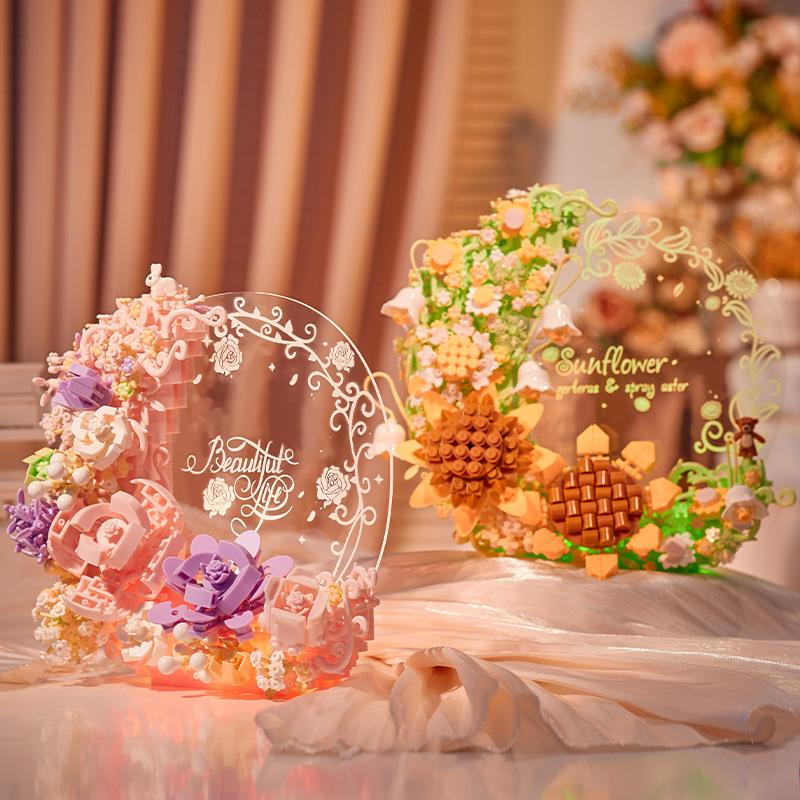 Romantic Idea Flower Building Brick Rose Sunflower Moon Message Board Block Model Educational Toys With Light For Girls Gift