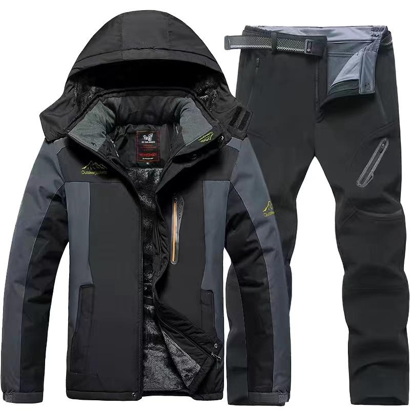 Men's Autumn and Winter Outdoor Mountaineering Suits Work Clothes Suits Oversized Cotton Suits Thermal Jackets + Thermal Trousers 2-piece Set