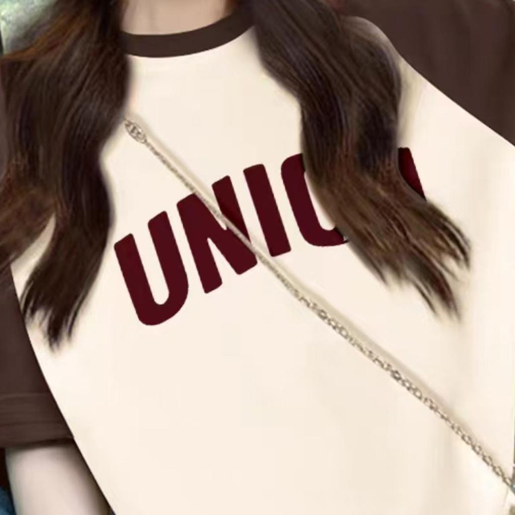 2025 Summer New Loose Casual Color Contrast Splicing Letter Printed Short-sleeved T-shirt for Women