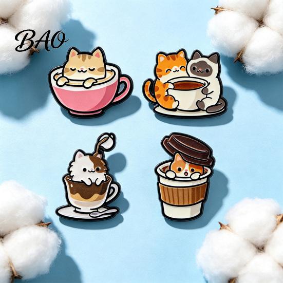 Bag Decor Pin Cartoon Coffee Cup Cat Brooch, Kitten Enamle Lapel Pin, Animal Daily Outfit Brooch Theme Alloy Badge, Clothing Accessories for Lovers