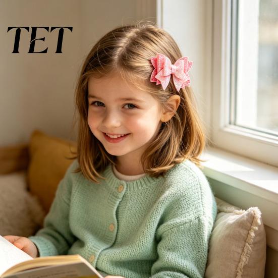 Kids Hair Styling Tools Double Layered Glitter Bow Clip for Girls, Artificial Leather Barrettes, Sparkly Clips Non Slip Accessories Children