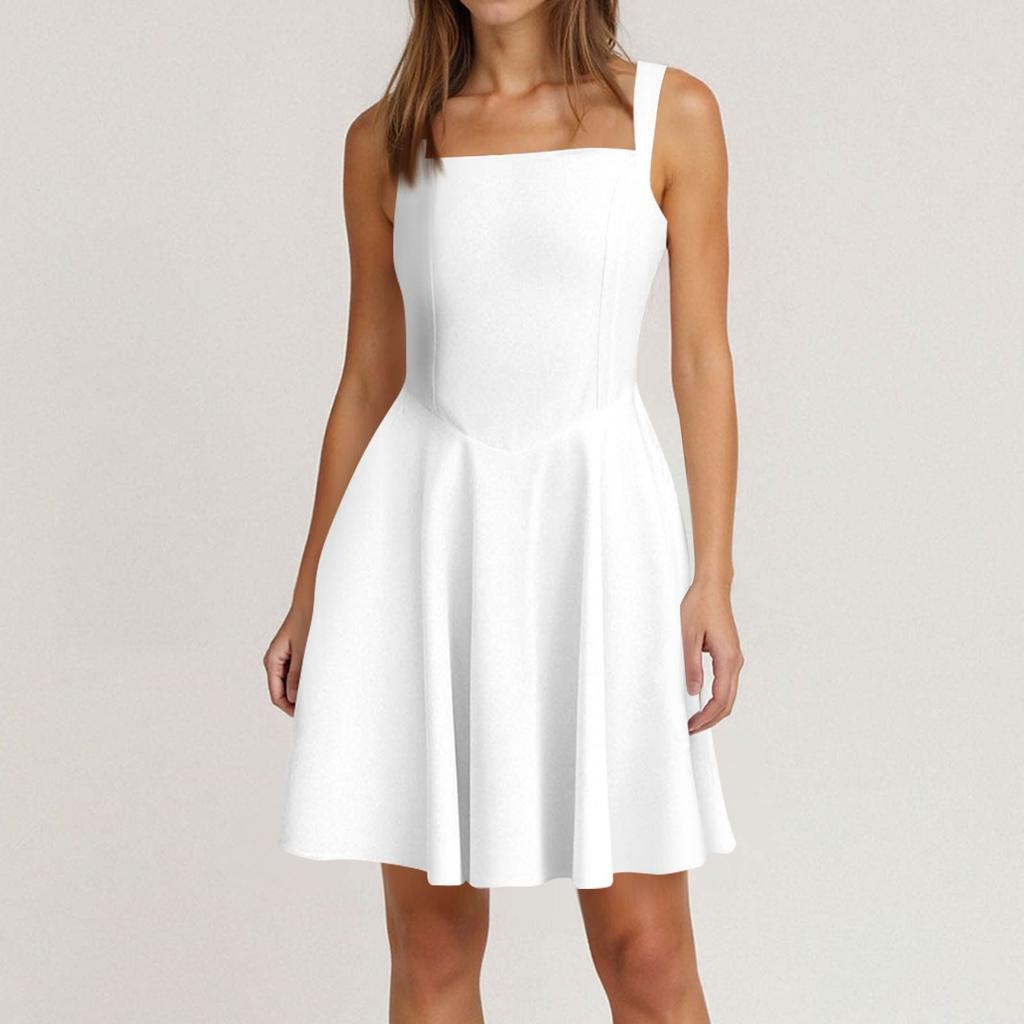 Women's Spring Summer Casual Square Neck Solid Colour Dress Sleeveless Dresses