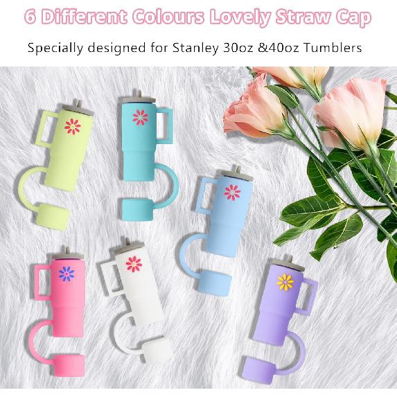 6PCS Straw Cover Cap for Stanley Cup 30oz & 40oz, 10mm/0.39inch Silicone Straw Caps Mini Tumbler Straw Toppers Dust Resistant Spill Proof Stanley Cup